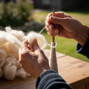 a person spinning jacob wool A person spinning jacob wool